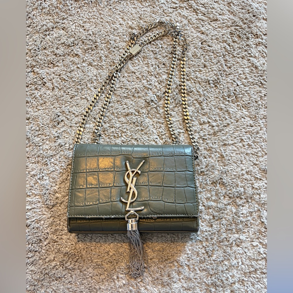 Yves Saint Laurent Green Croc-Embossed Crossbody Bag